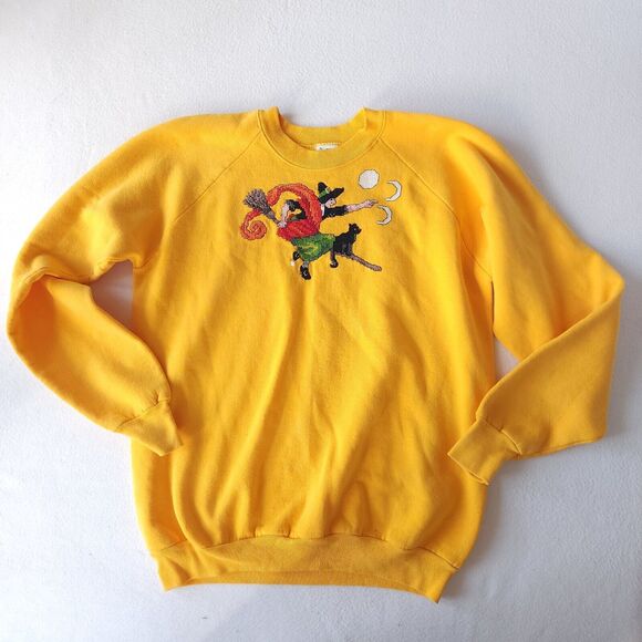 Vintage Shirt Embroidered Witch Halloween Top Unisex XL Sweatshirt Crew Vtg - Picture 2 of 10